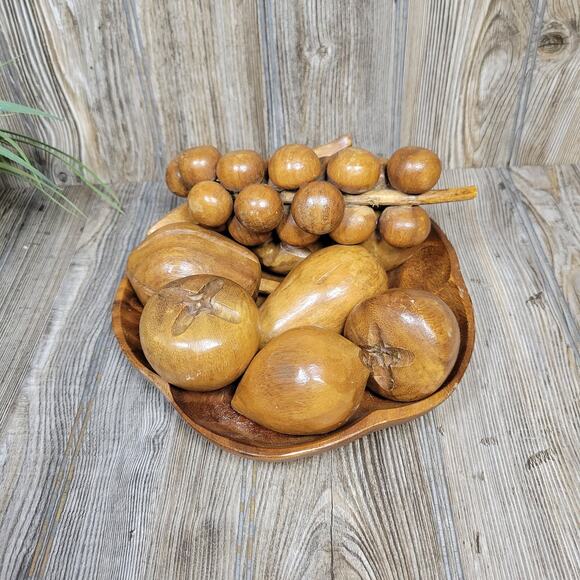 Vintage MCM Wooden Bowl and Assorted Wooden Fruit, - Picture 1 of 6
